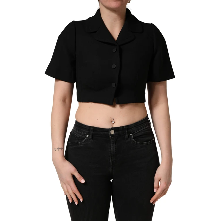 Black Collared Short Sleeves Cropped Blouse Top - Women