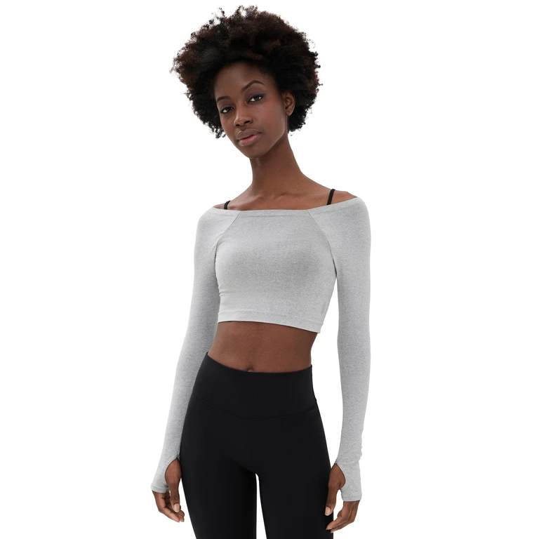 FP Movement High Plank Off the Shoulder Layer Top Heathery Grey XL
