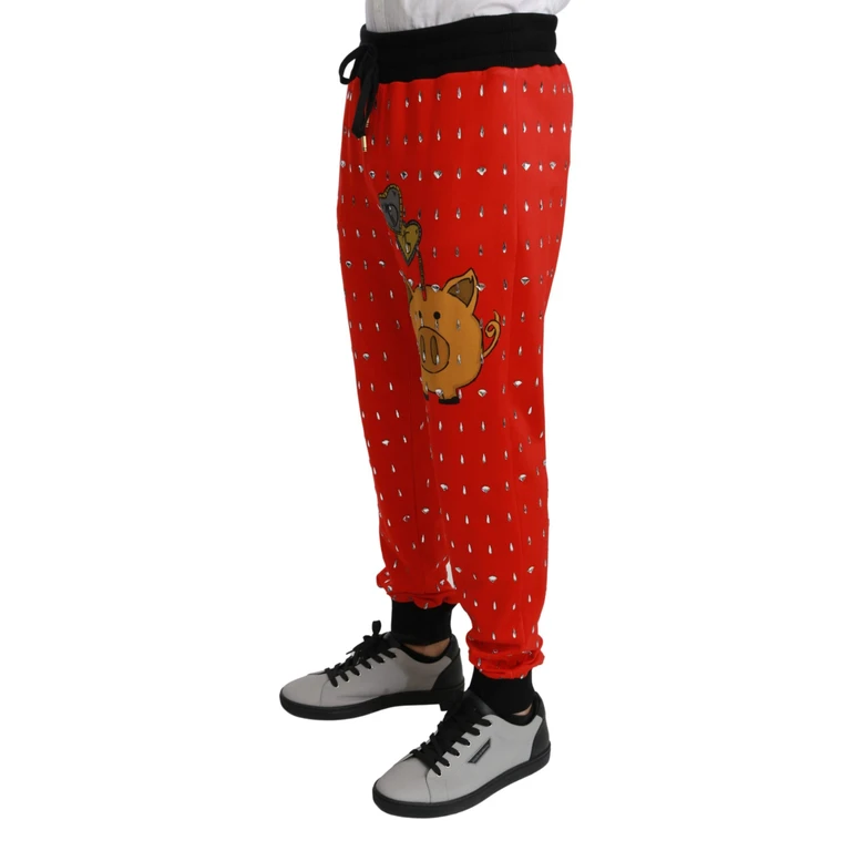 Dolce & Gabbana Red Piggy Bank Cotton Crystal Trousers Pants - Men