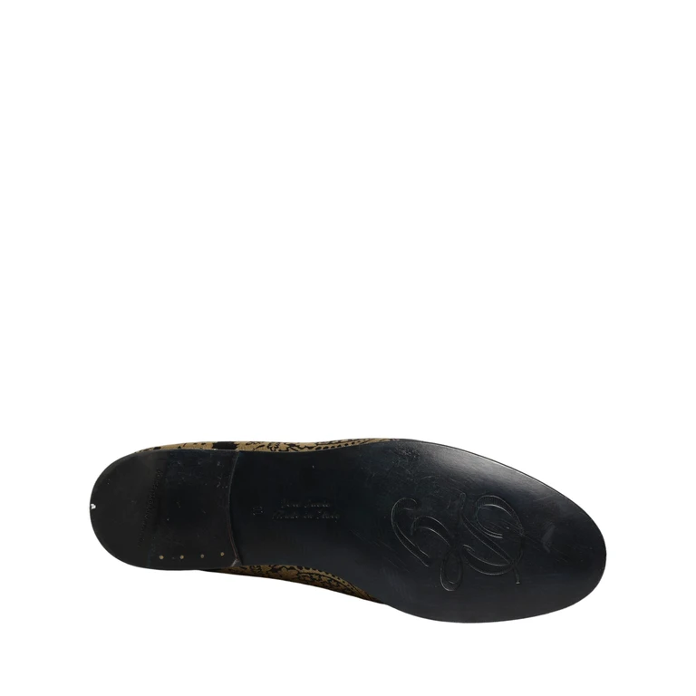 Dolce & Gabbana Gold Jacquard Leather Slip On Loafers Shoes - Men