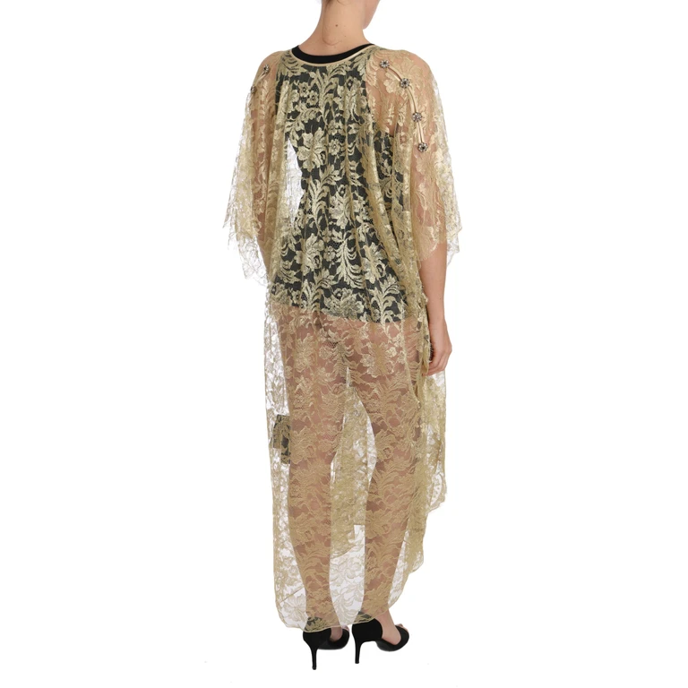 Dolce & Gabbana Gold Floral Lace Crystal Gown Cape Dress - Women
