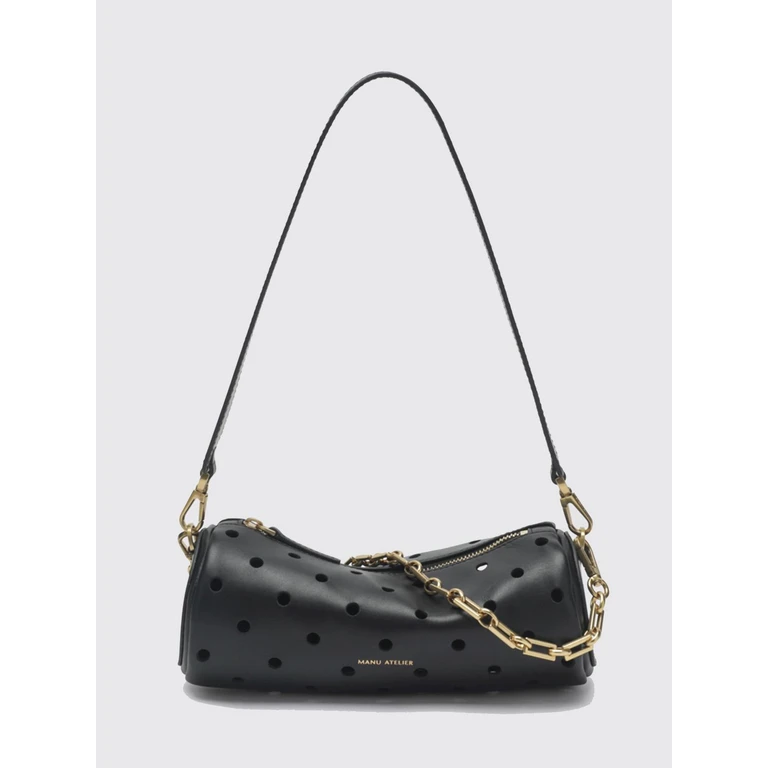 Cylinder Perforated Smooth Leather Shoulder Bag with Chain Handle (2026114BLK)