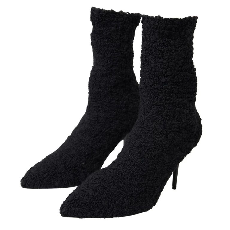 Dolce & Gabbana Black Stiletto Heels Mid Calf Boots Virgin Wool - Women