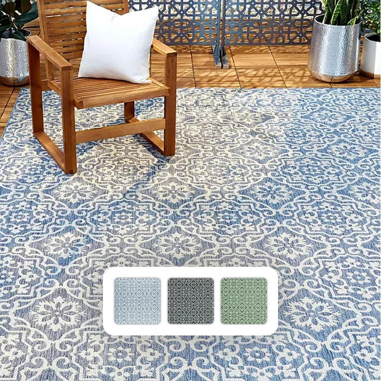 Nicole Miller New York Patio Country Geometric Indoor/Outdoor Area Rug:- 6'6' x 9'2', Navy Blue/Ivory