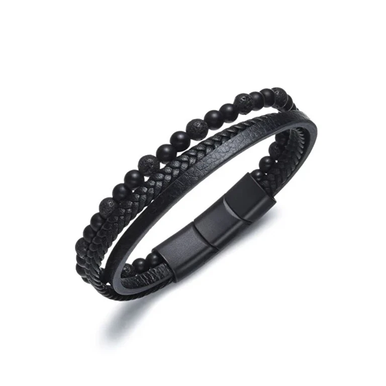 Men's Black Beaded Leather Bracelet B1G00212