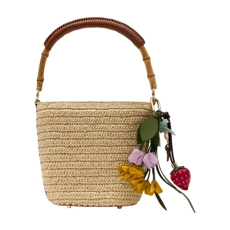 Charm-Adorned Raffia Bucket Bag â Beige