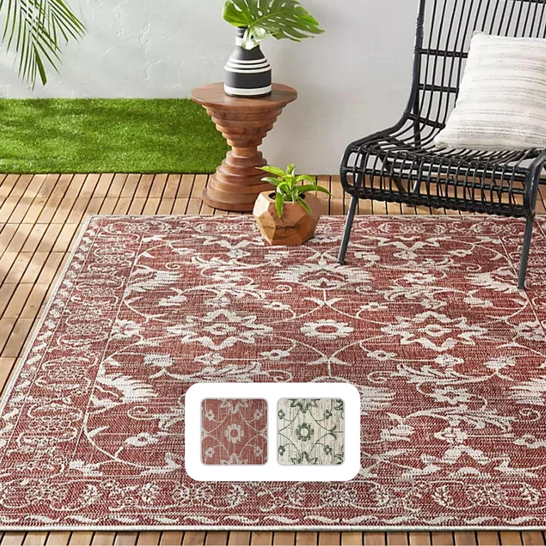 New York Patio Country Ayala Botanical Floral Area Rug:- 5'2'x7'2', Light Green/Ivory