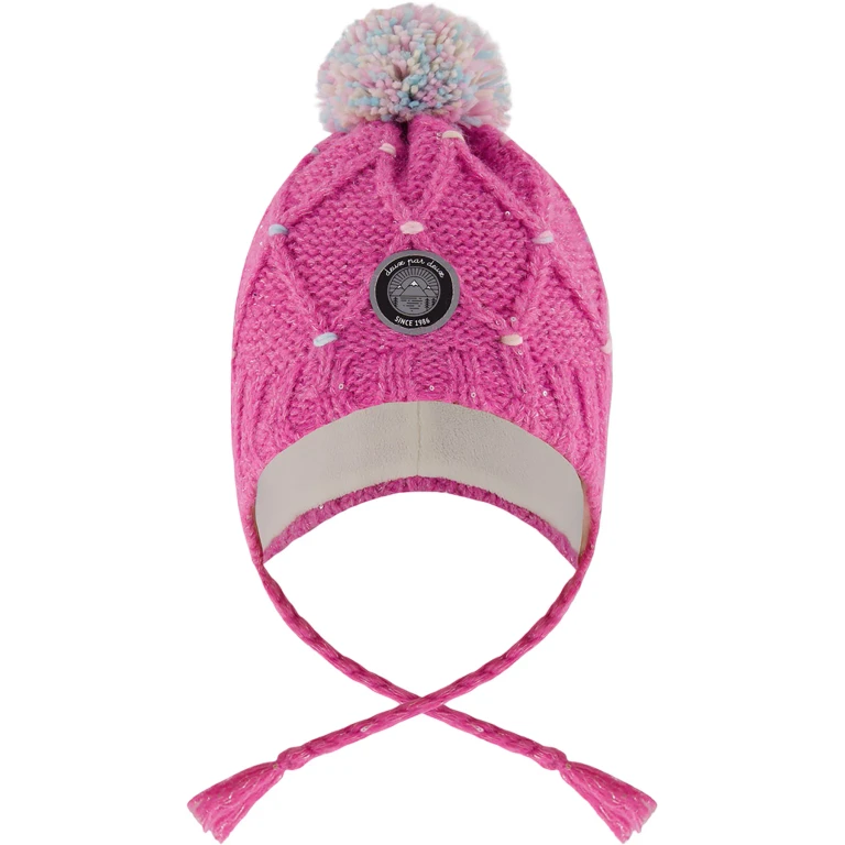 Pink-Multicolor Lined Peruvian Knit Hat with Pompom - Little Girl