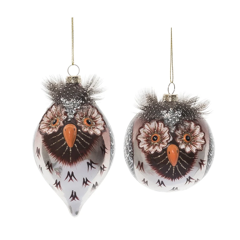 Glass Owl Ornament Set of 2 with Feather Detail for Christmas Tree Home Decorations