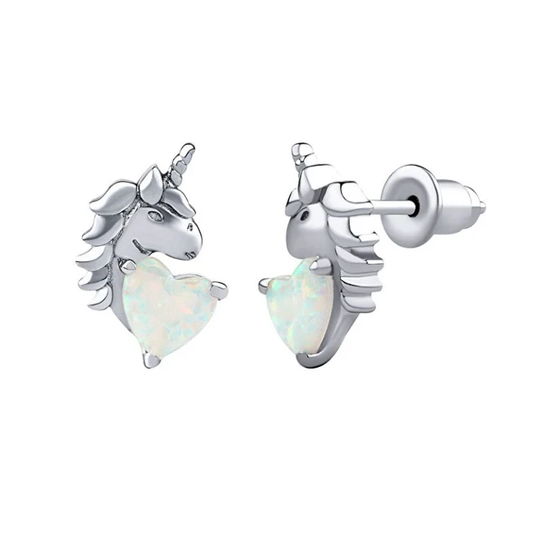 Esma Unicorn Sterling Silver Stud Earrings with Heart-Shaped White Opal Dcc22008Eow