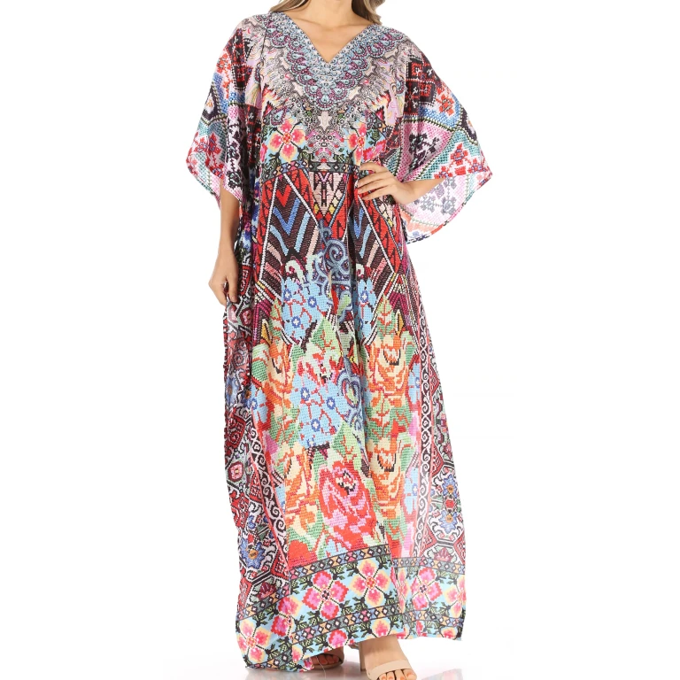 Sakkas Anahi Flowy Design V Neck Long Caftan Dress / Cover Up With Rhinestone
