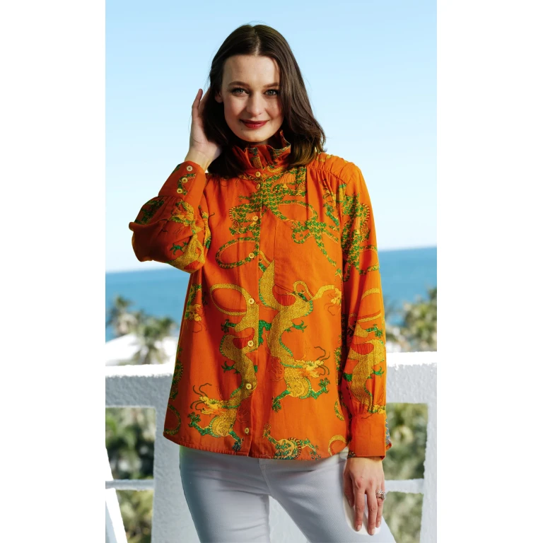Sun Valley Oversized Shirt with Ruffle Collar Orange Dragon Print Cotton Linen