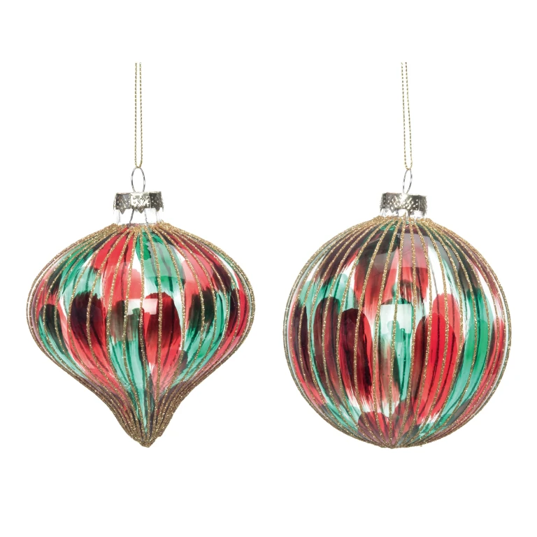 Glass Regal Red and Green Striped Ornament Set of 2 Christmas Tree Decorations for Home