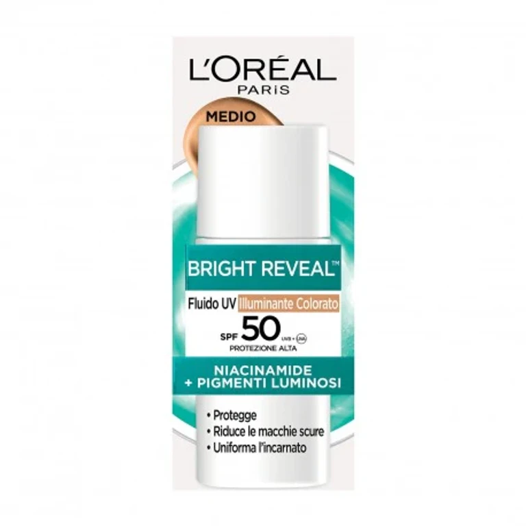 L'Oréal Paris Bright Reveal Illuminating Tinted Sunscreen with a tinted finish and light texture. SPF 50 medium color 50 ml