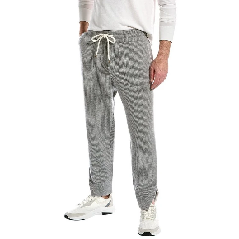 Light Grey Cashmere Ribbed Drawstring Trousers