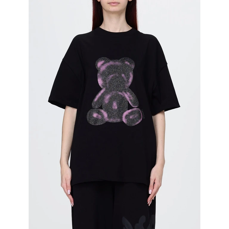 Oversized Cotton T-Shirt with Teddy Bear Print and Crew Neck (55595NERO)
