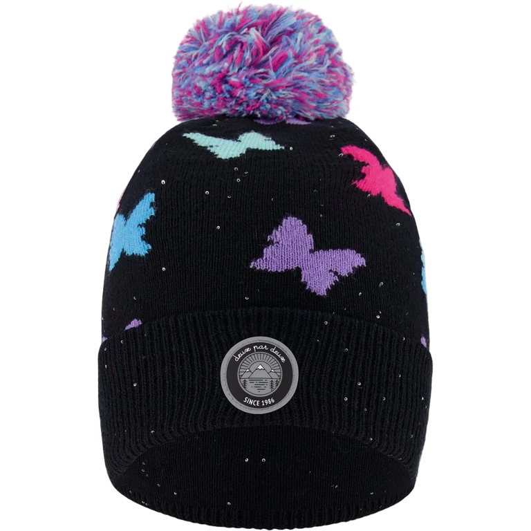 Black Butterfly Pattern Lined Knit Pompom Hat - Little Girl