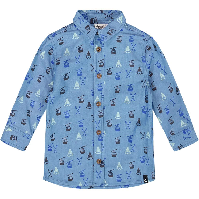 Printed Long Sleeve Button Front Chambray Shirt - Little Boy