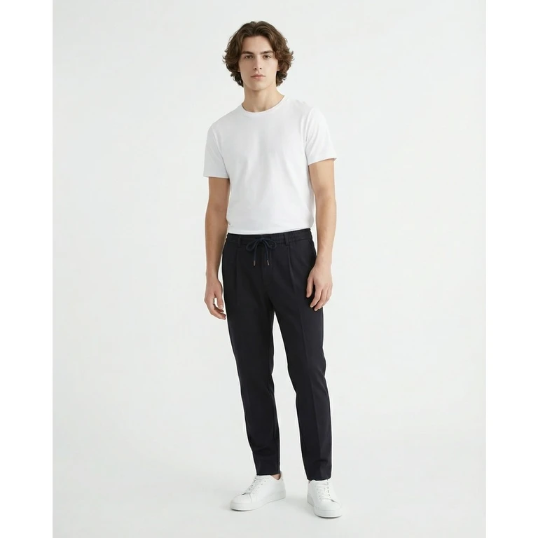 Men'S Dark Navy Wool Drawstring Trousers