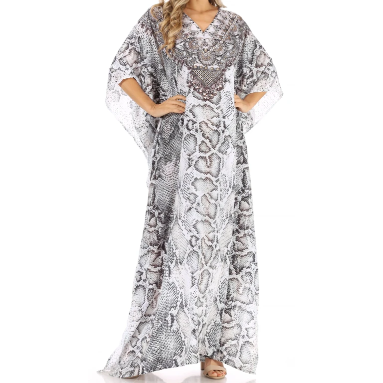 Sakkas Anahi Flowy Design V Neck Long Caftan Dress / Cover Up With Rhinestone