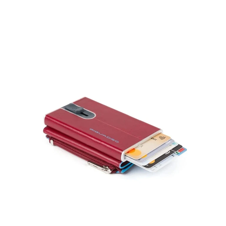 Blue Square Red Leather Card Holder with Sliding System and Coin Pocket with Zipper for Men