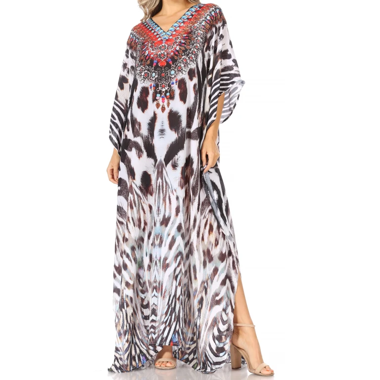 Sakkas Anahi Flowy Design V Neck Long Caftan Dress / Cover Up With Rhinestone