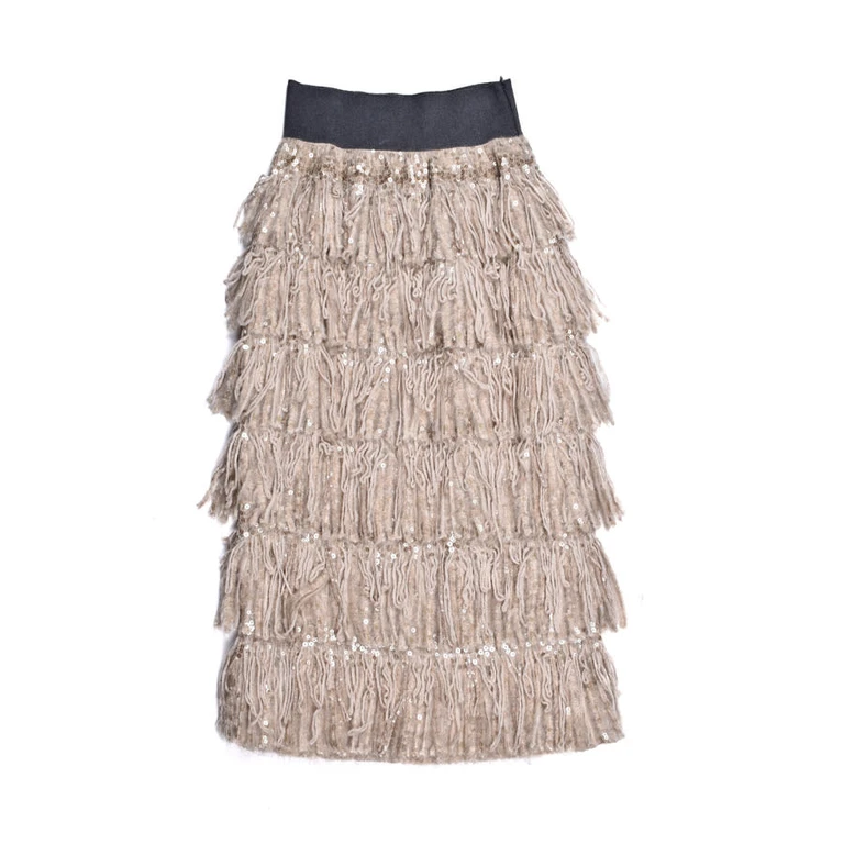 Beige Merino Wool Blend Sequin Skirt