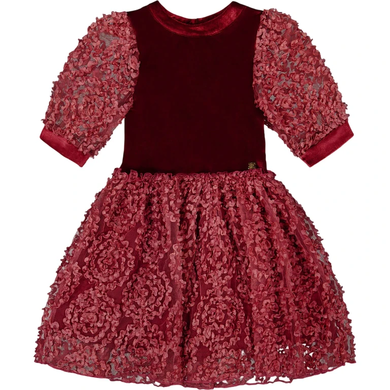 Puff Sleeve Bi-Material Velour and Lace Dress - Little Girl