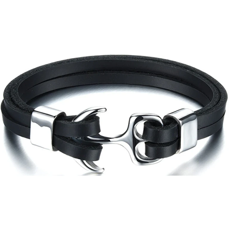 Black Leather Bracelet With Steel Anchor Swater