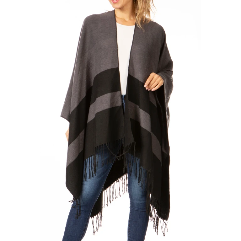 Sakkas Avi Women's Reversible Open Front Poncho Cardigan Ruana Cape Shawl W/Fringe