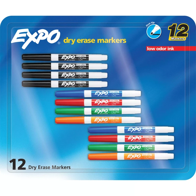 Low Odor Dry Erase Markers, Fine Tip, Assorted Colors, 12 Pack
