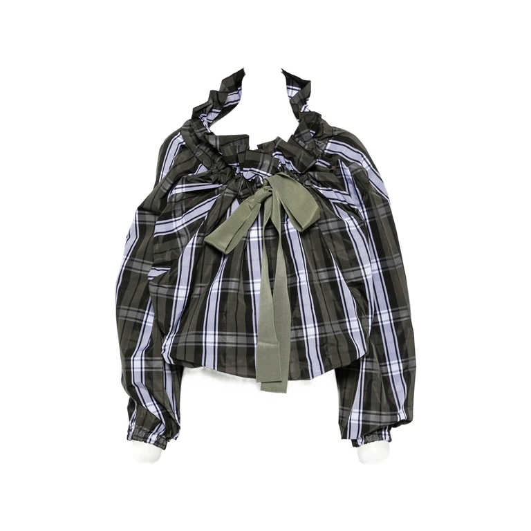 Scoop-neck Check Ruffled Blouse
