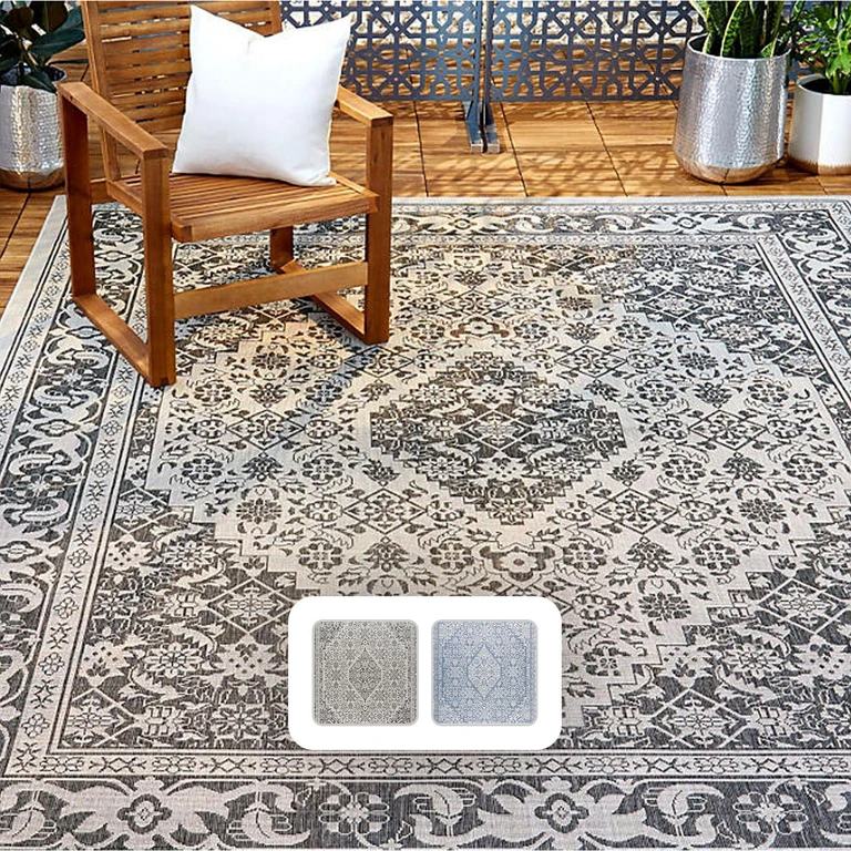 Nicole Miller New York Patio Country Dahlia Indoor/Outdoor Area Rug:- 5'2' x 7'2', Blue/Gray