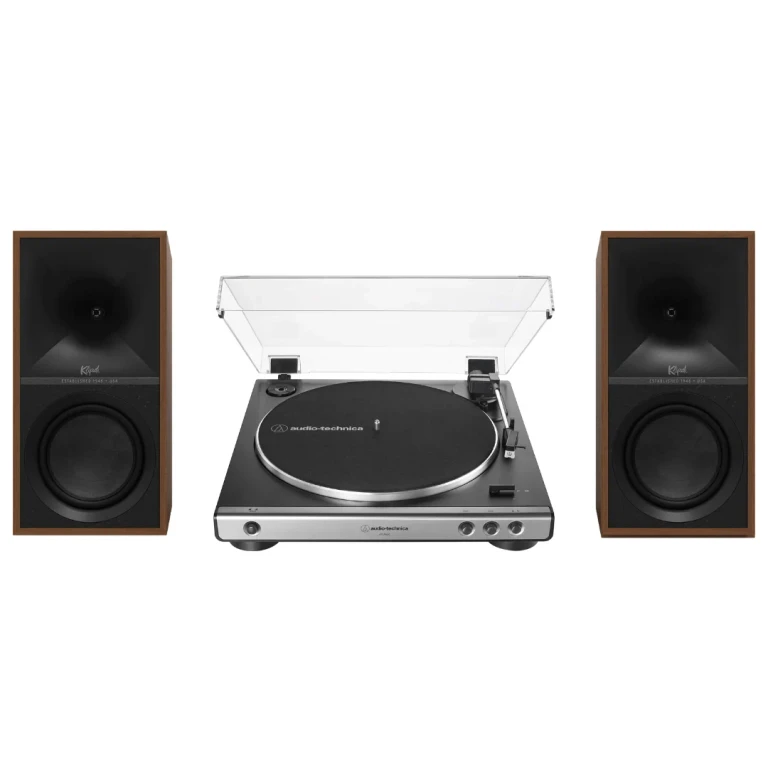 The Sevens Heritage Inspired Powered Speakers (Walnut) with Audio Technica 60X-GM Fully Automatic Belt-Drive Stereo Turntable (Bundle)