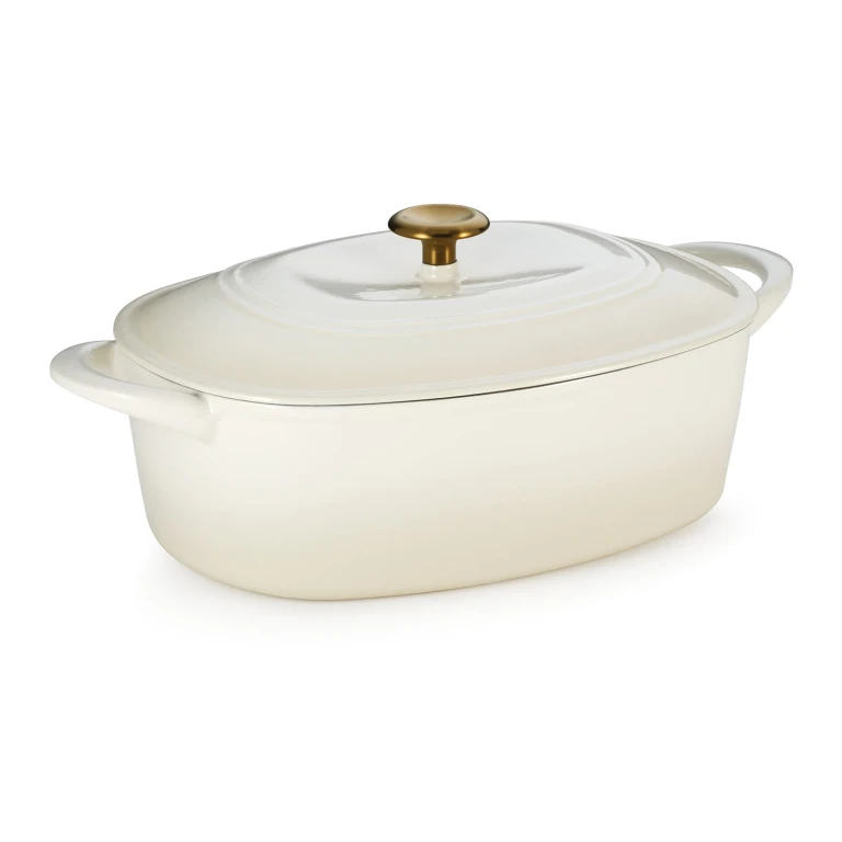 7 Quart Enameled Cast Iron Dutch Oven- Latte with Gold:- Latte with Gold