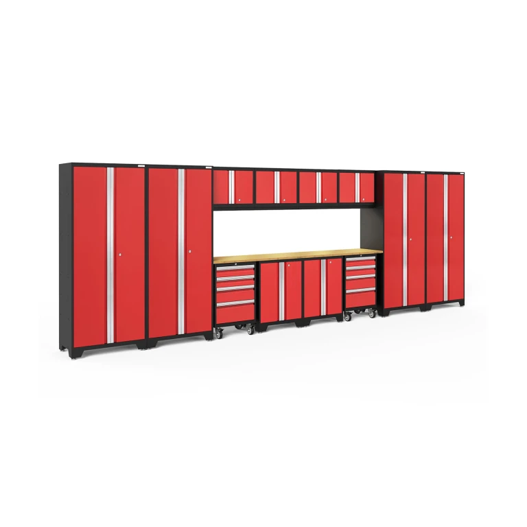 Bold Series 14 Piece Cabinet Set, 216' W x 18' D x 76.75' H - Red, Bamboo Top:- Red, Bamboo Top