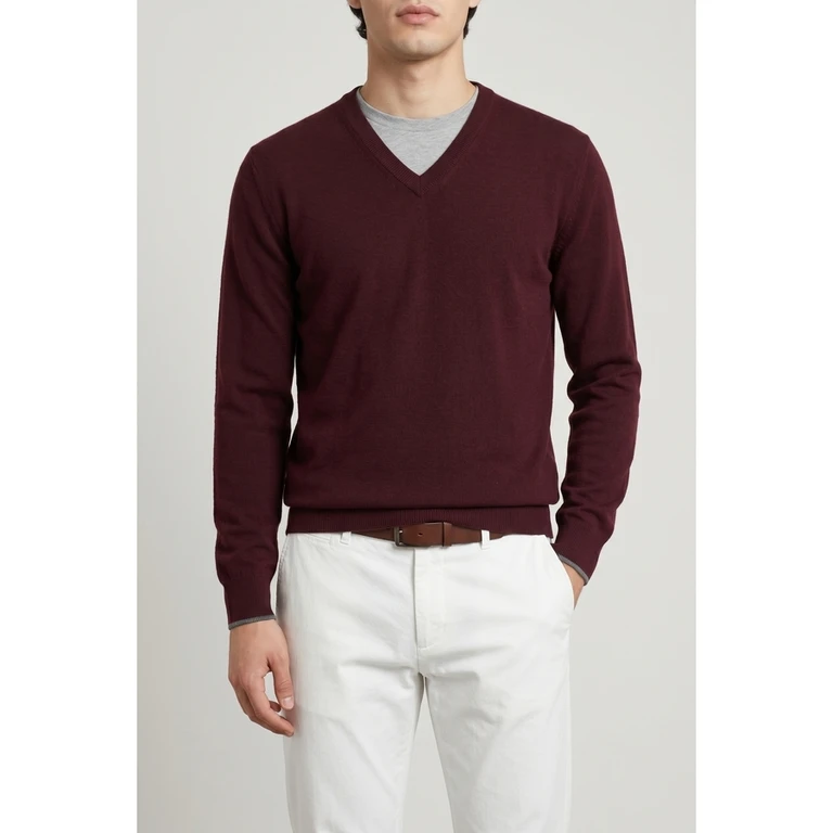 Dark Red Wool V Neck Sweater