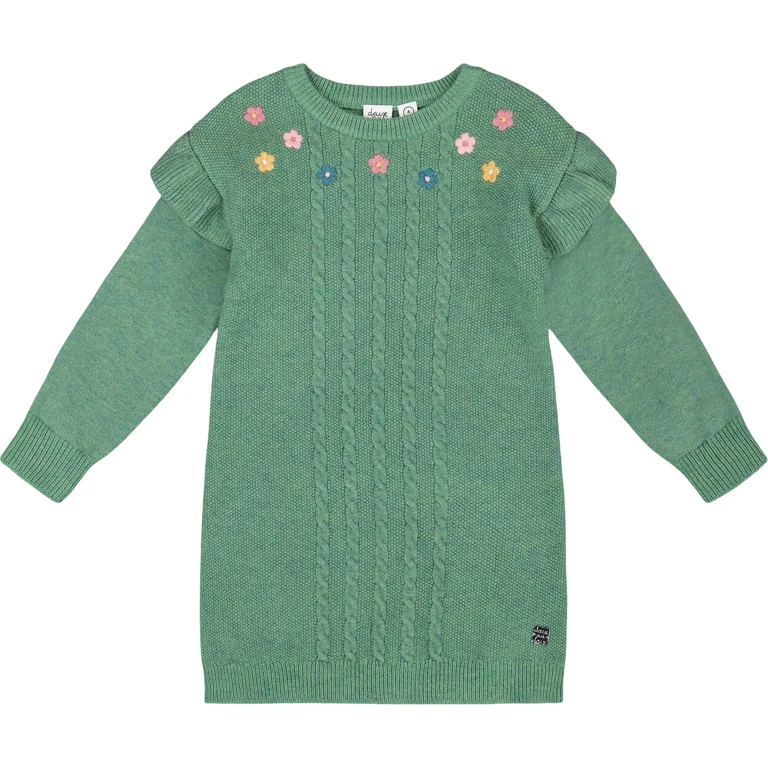 Knitted Dress with Ruffles and Floral Embroidery - Big Girl