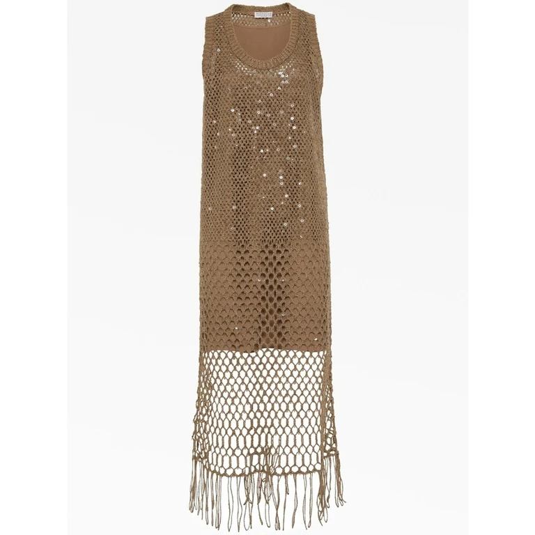Wofango Silk Linen Crochet Dress With Fringe