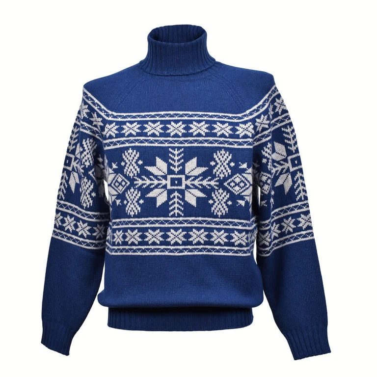 Men'S Blue Cashmere Patterned Turtleneck Sweater