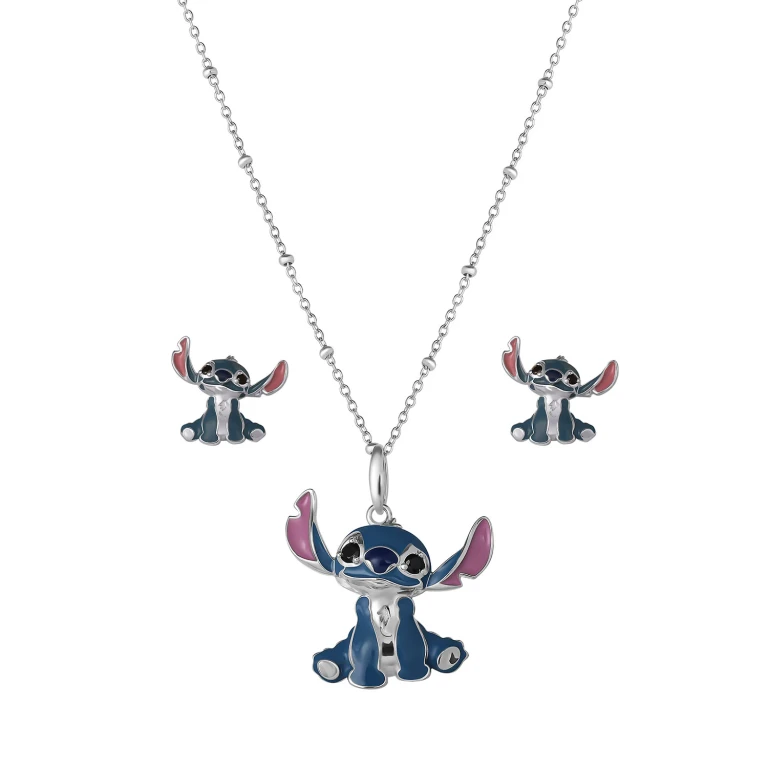 Lilo and Stitch Stud Earring and Pendant Necklaces Set in Sterling Silver