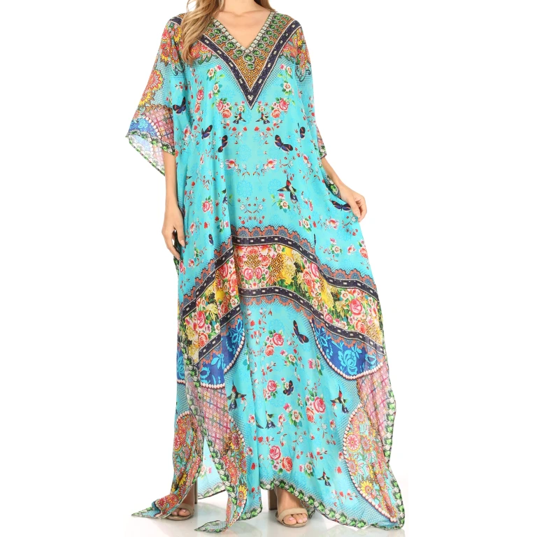 Sakkas Anahi Flowy Design V Neck Long Caftan Dress / Cover Up With Rhinestone