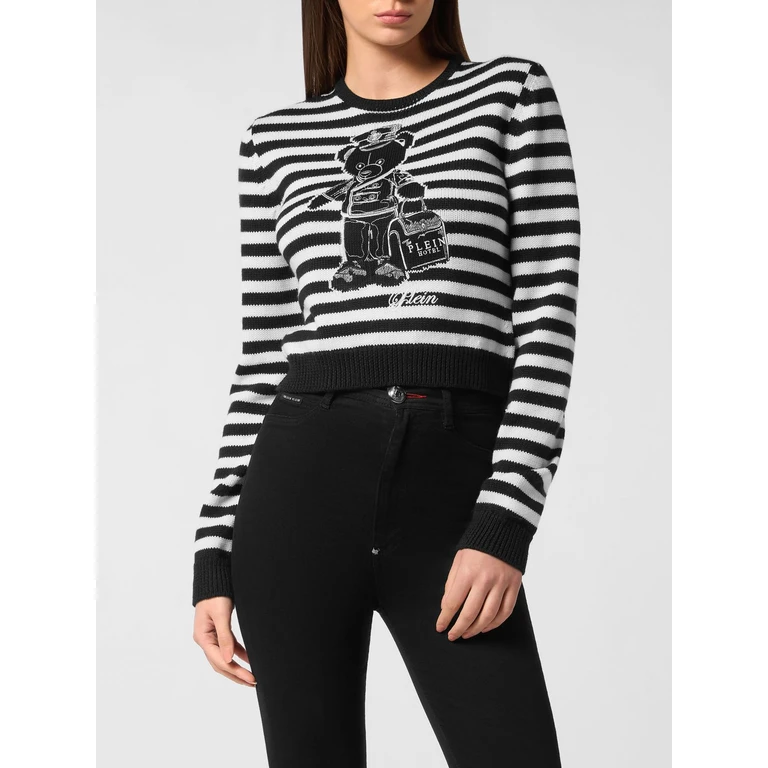 Striped Cotton Crewneck Jumper with Teddy Bear Print (FAECWKO0639PTE003N02)