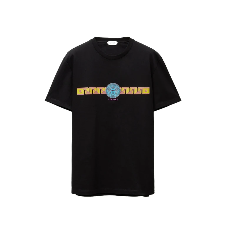 VERSACE Cotton T-shirt with Medusa Logo and Greca Pattern Print (10264521A193111B000)