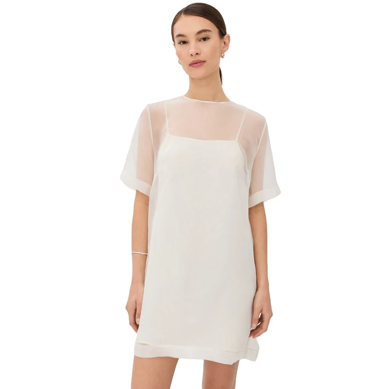 Sheer Silk Trapeze Mini Dress with Slip Blanc Creme 38