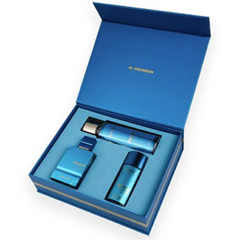Amber Oud Aqua Dubai Gift Set Perfume Extract 75 ml, Perfume Extract 30 ml, and Body Spray 250 ml 75 ml