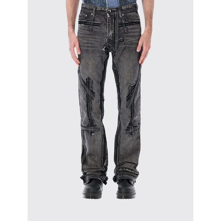 Straight Fit Mid-Rise Distressed Denim Jeans with Patchwork (1120740002C)