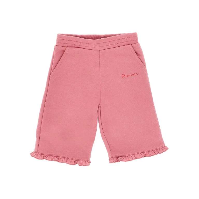 Girl's Pink Cotton Jogging Pants with Ruffled Hems and Embroidered Logo (M01922M00YN0M352)