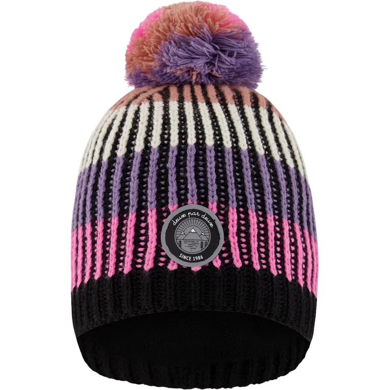 Purple-Black Lined Knit Pompom Hat - Little Girl