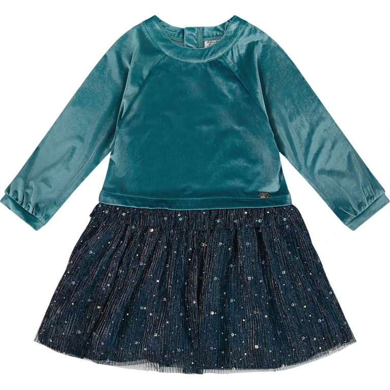 Long Sleeve Bi-Material Velvet and Pleated Mesh Dress - Big Girl